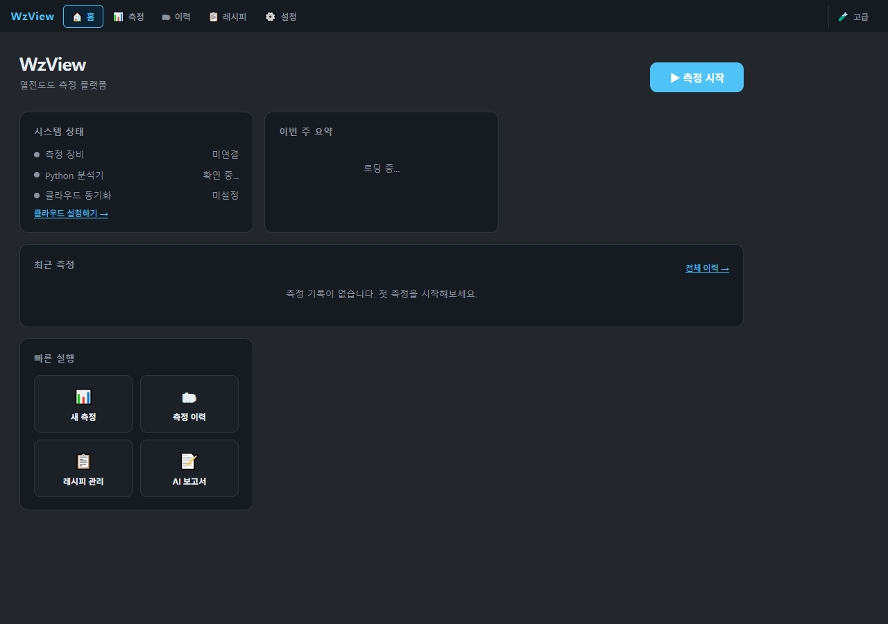 WzView 메인 화면 – 실시간 온도 측정 차트와 열전도도 분석 결과